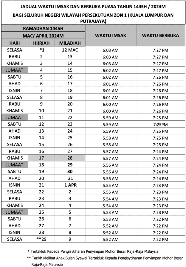 jadual waktu berbuka puasa kl & putrajaya 2024