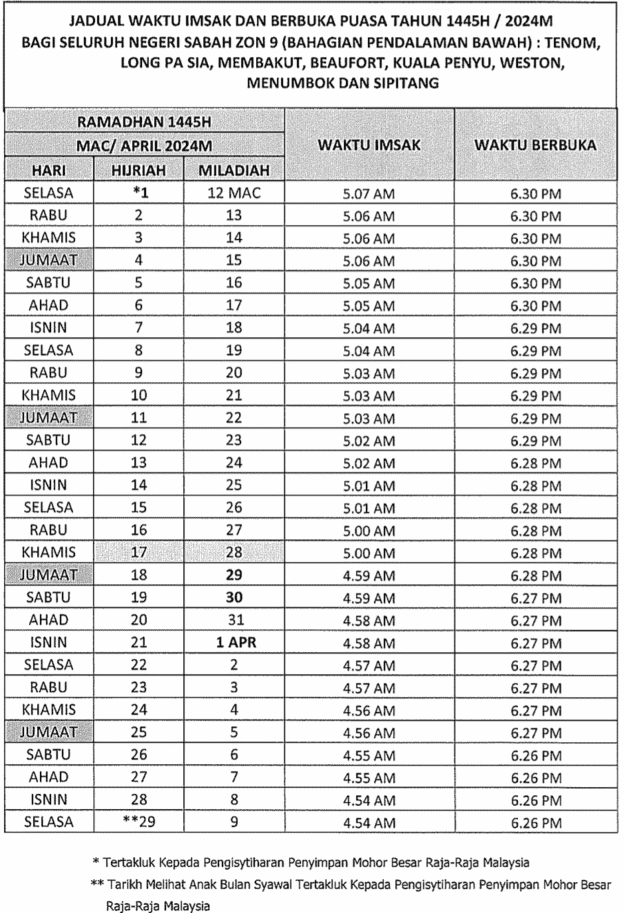 jadual waktu berbuka puasa sabah 2024