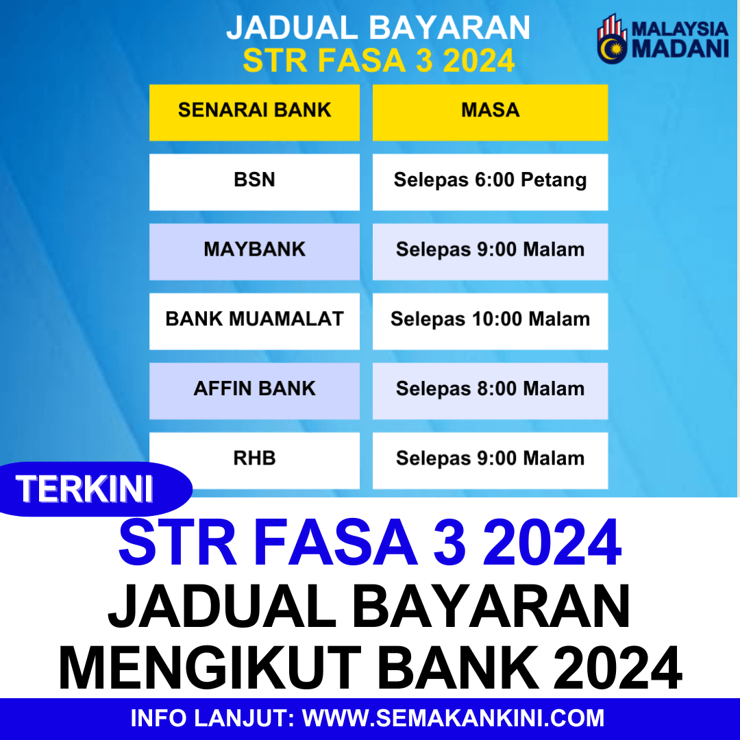 jadual bayaran str fasa 3 mengikut bank 2024